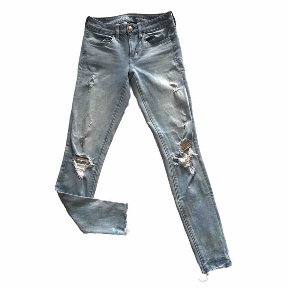 American Eagle 360 Super Stretch Jegging AEO 2 2R Ripped Light Wash Jean Raw Hem - Picture 1 of 12